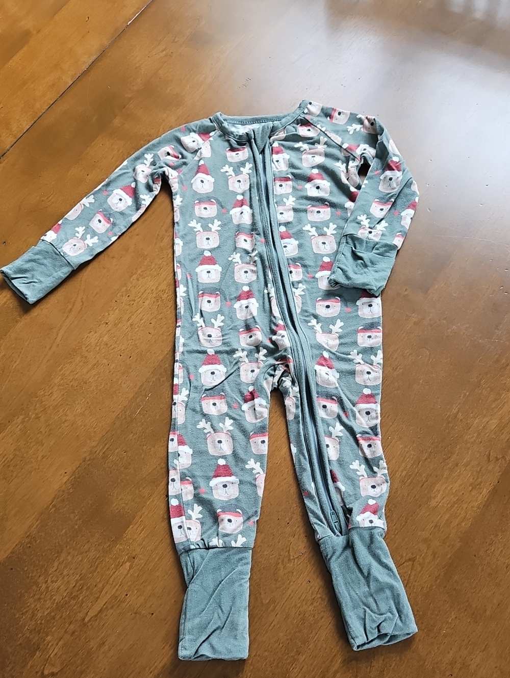 Little One Shop Olive Green Holiday Bear Print One-Piece Pajamas